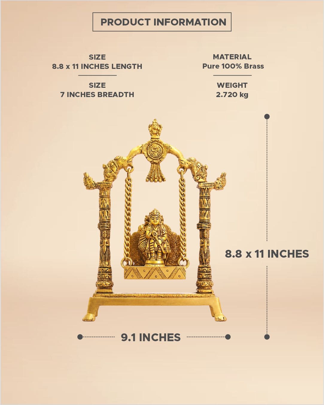 Brass Murugan with Swing Idol 8.8inch x 11inch - Lord Kartikeya Statue
