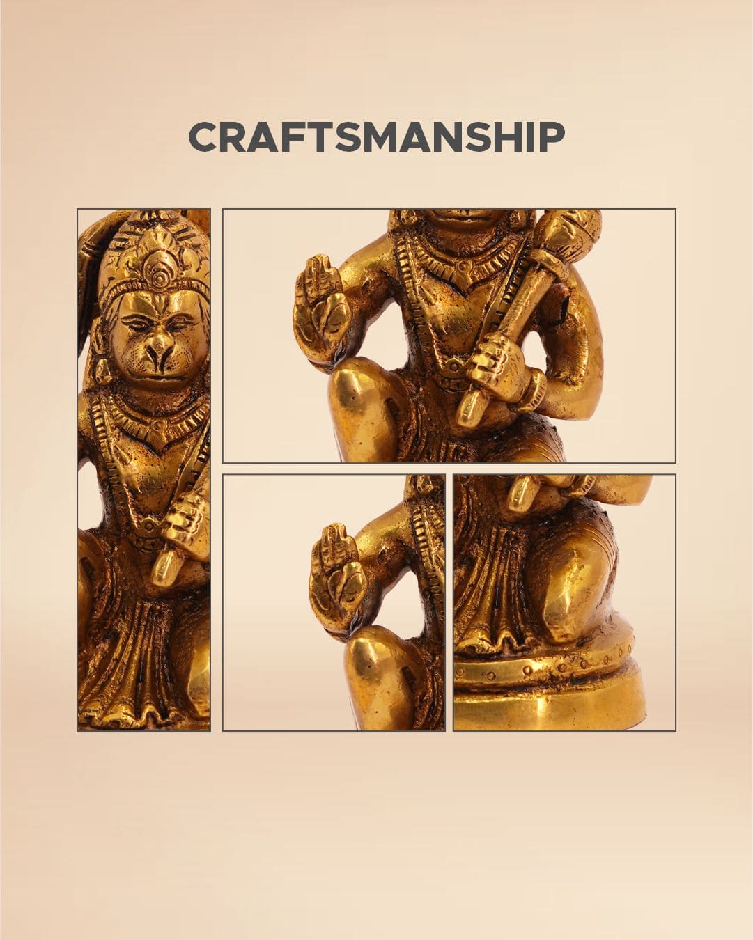 Handcrafted Brass Hanuman Idol 5inch x 2.5inch - Bajrang Bali Statue for Puja & Home
