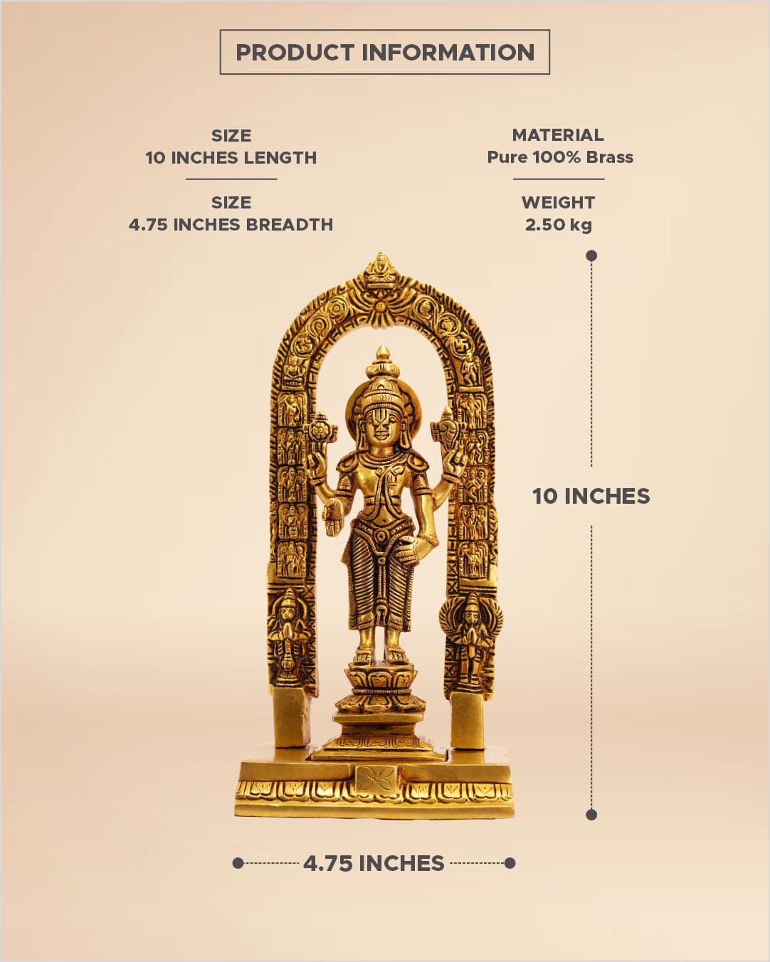 Handcrafted Brass Balaji Idol 15inch x 7inch - Lord Venkateshwara Standing Statue