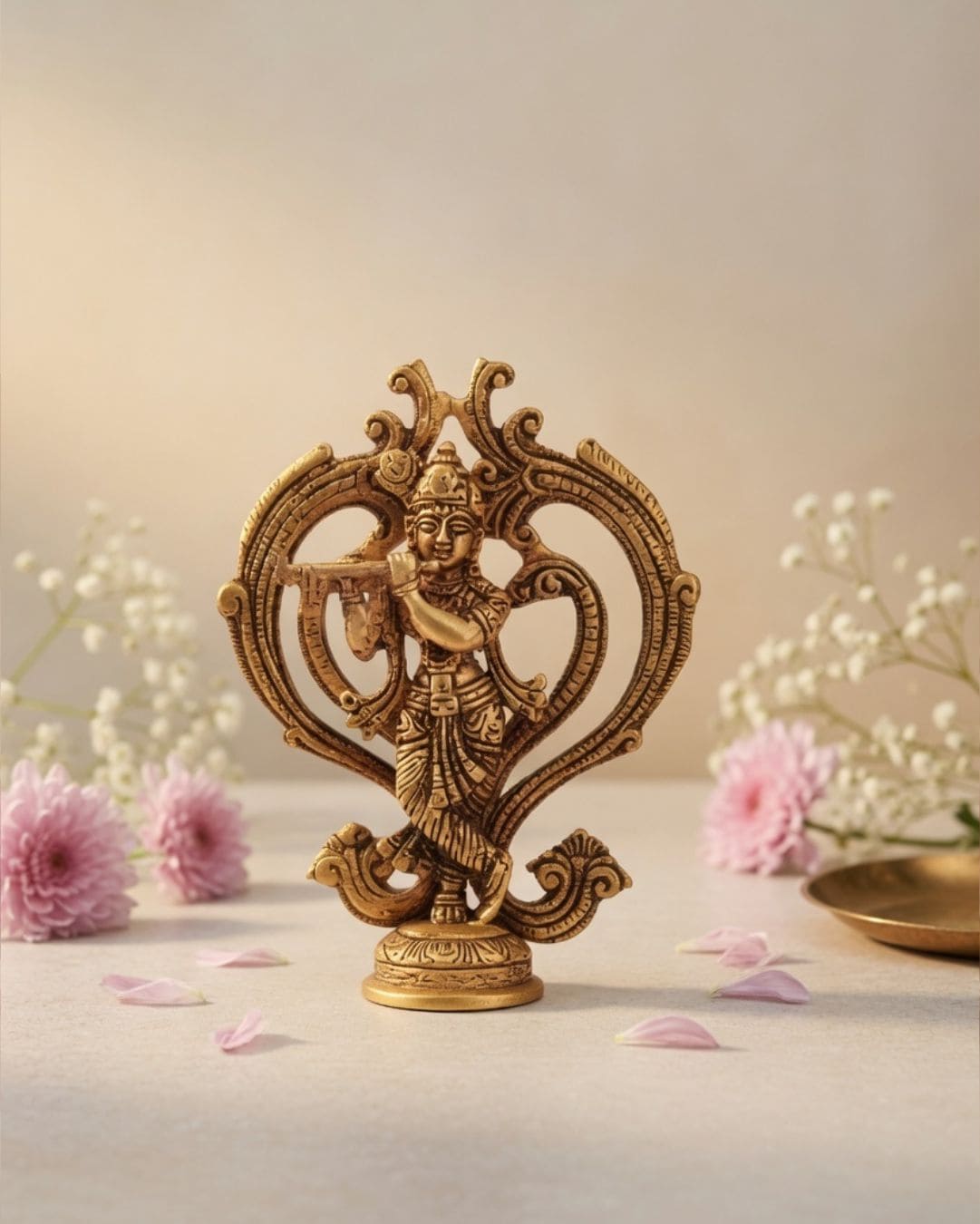 Handcrafted Brass Krishna Idol 8inch x 6.5inch - Murali Krishna Statue for Puja