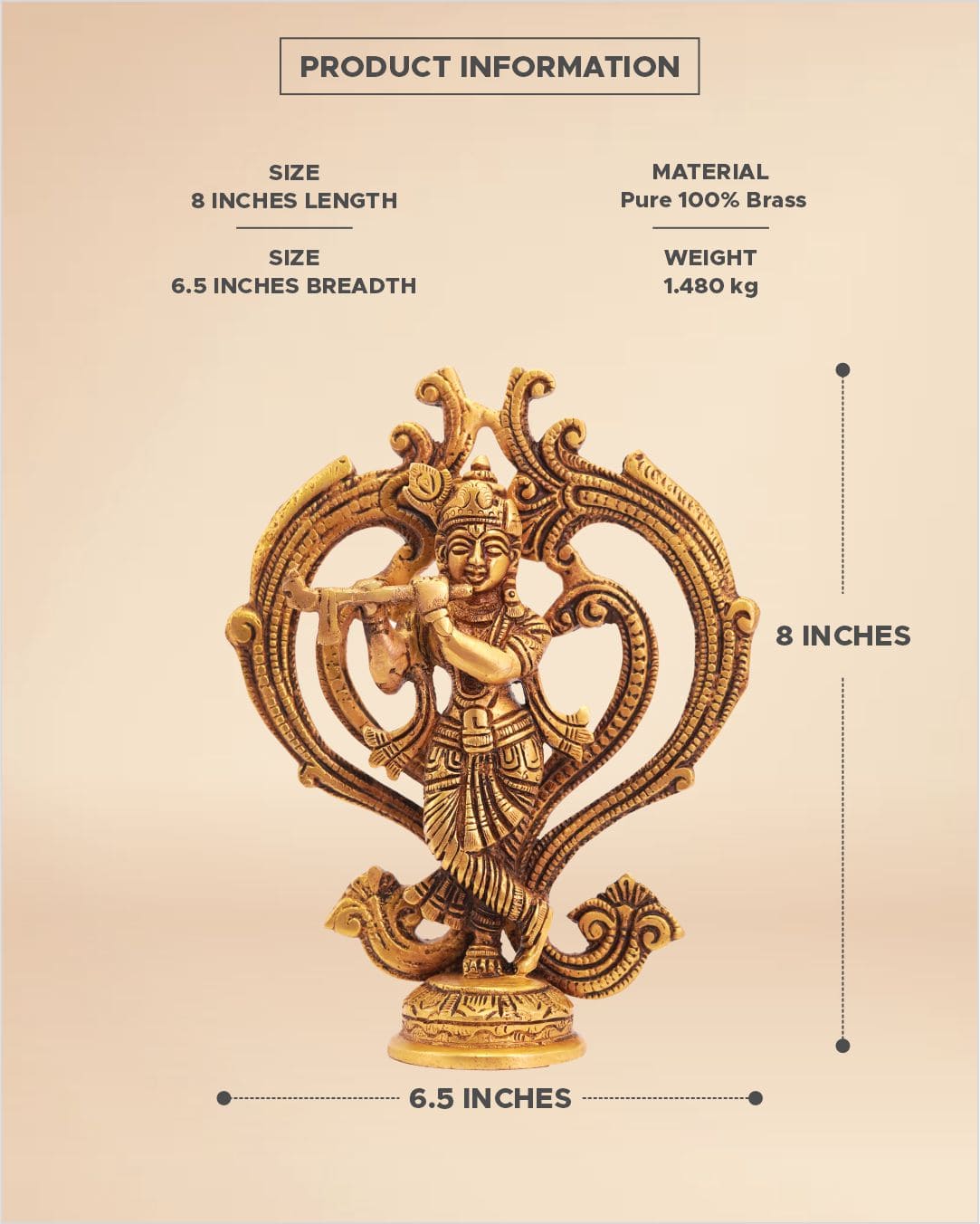 Handcrafted Brass Krishna Idol 8inch x 6.5inch - Murali Krishna Statue for Puja