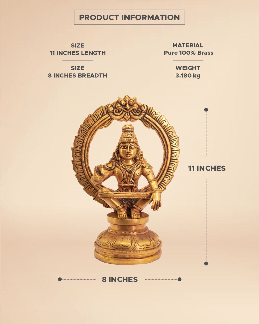 Brass Ayyappa Swami Idol 11inch x 8inch - Lord Ayyappa Statue for Puja