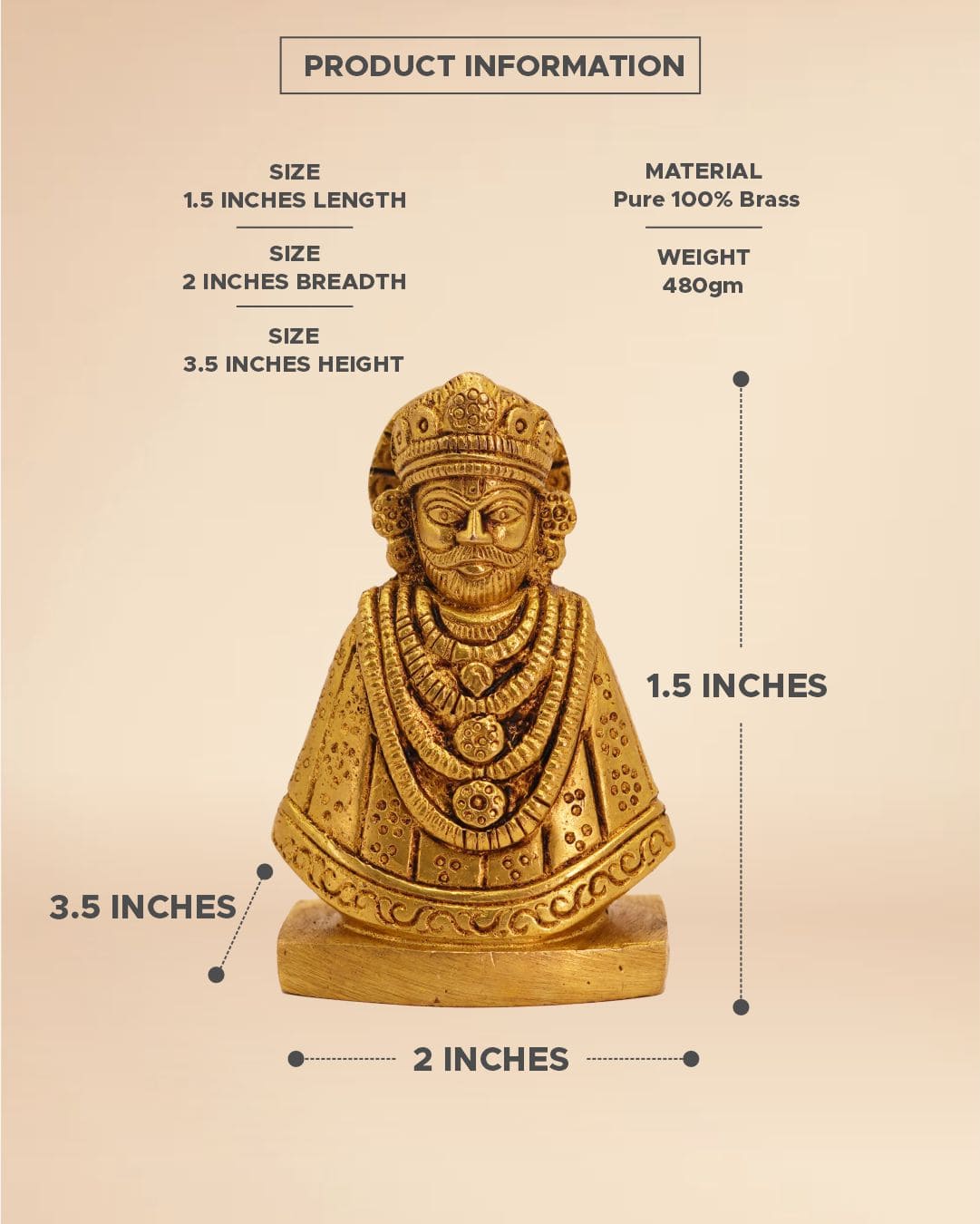 Brass Khatu Shyam Idol 1.5inch x 2inch - Shyam Baba Statue for Puja & Home