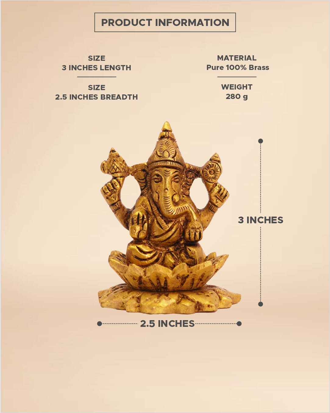 Handcrafted Brass Ganesha Idol 3inch x 2.5inch Auspicious Ganesh Statue for Home & Puja