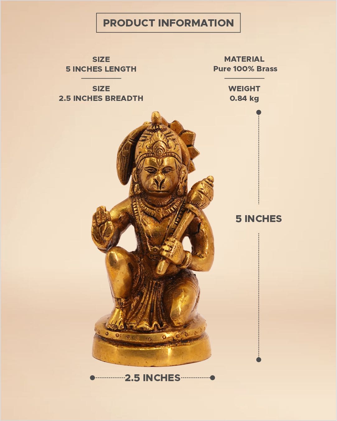 Handcrafted Brass Hanuman Idol 5inch x 2.5inch - Bajrang Bali Statue for Puja & Home
